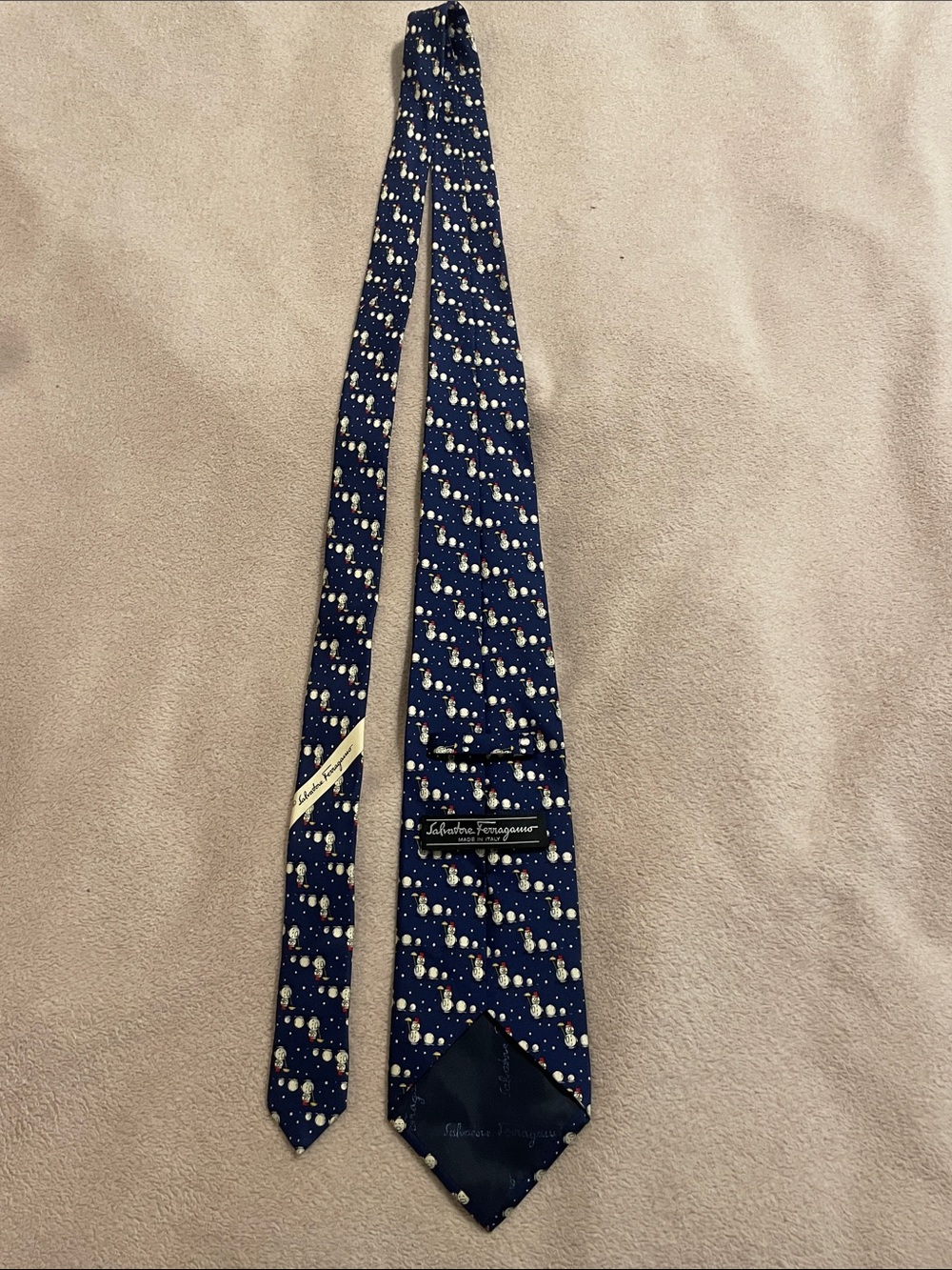 Salvatore Ferragamo Navy Silk Tie with White winter holiday snowmen Motif luxury